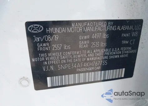 2019 Hyundai Sonata Sport из США, поврежденный, VIN 5NPE34AF4KH767735